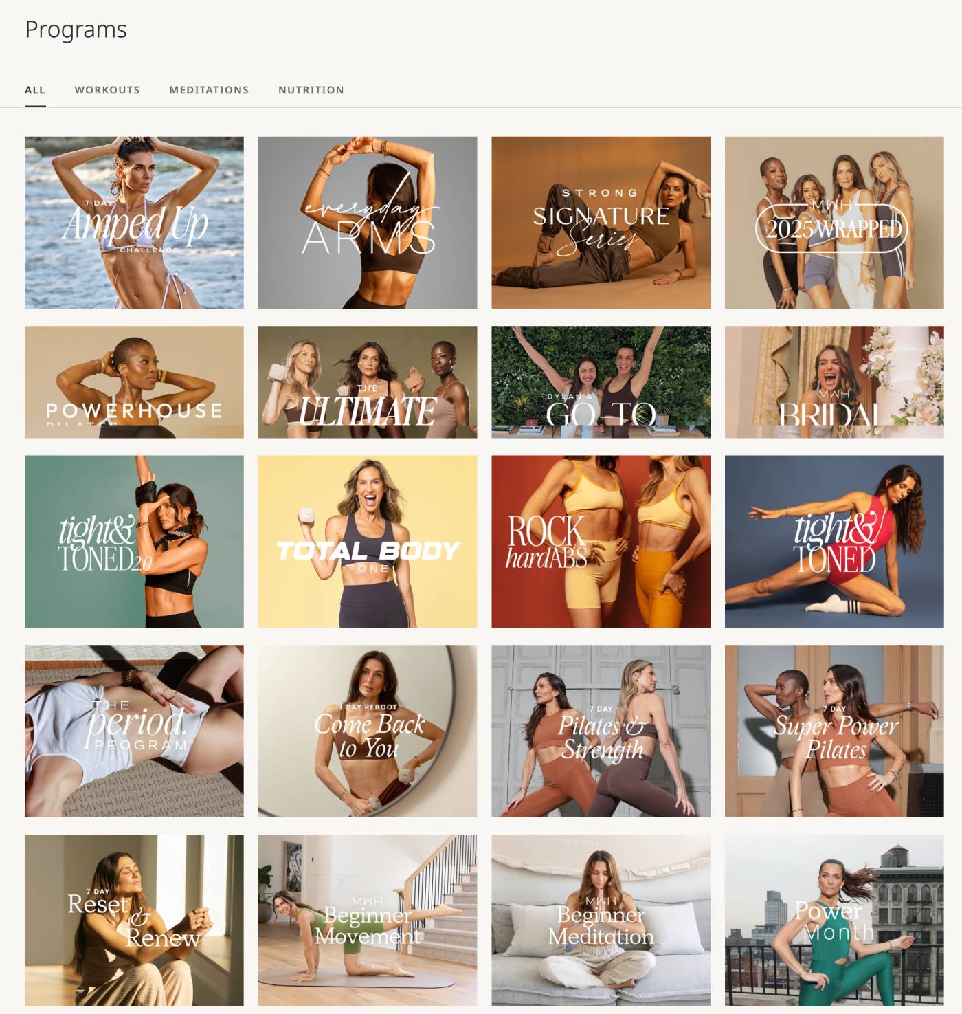 Melissa Wood Health programmes library showing structured workout plans including Signature Series, Total Body, Powerhouse, and beginner programmes