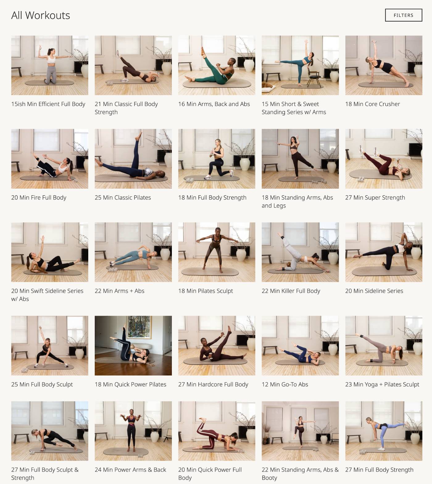 Melissa Wood Health workout library showing individual sessions including pilates, strength, arms, core crusher, and full body workouts with session lengths