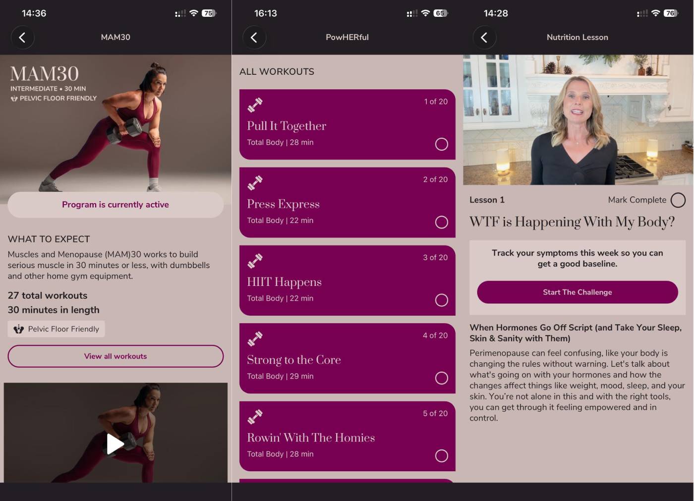 Screenshots from the Menovation app showcasing workouts structure and format