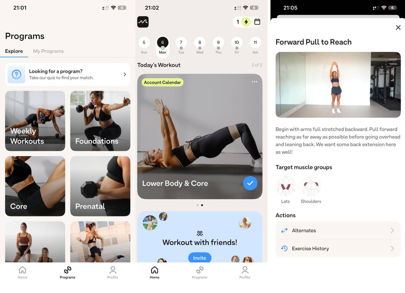 Screenshots of Moves App showing programs section, workout calendar, and example of an exercise card with description and targeted muscle groups.