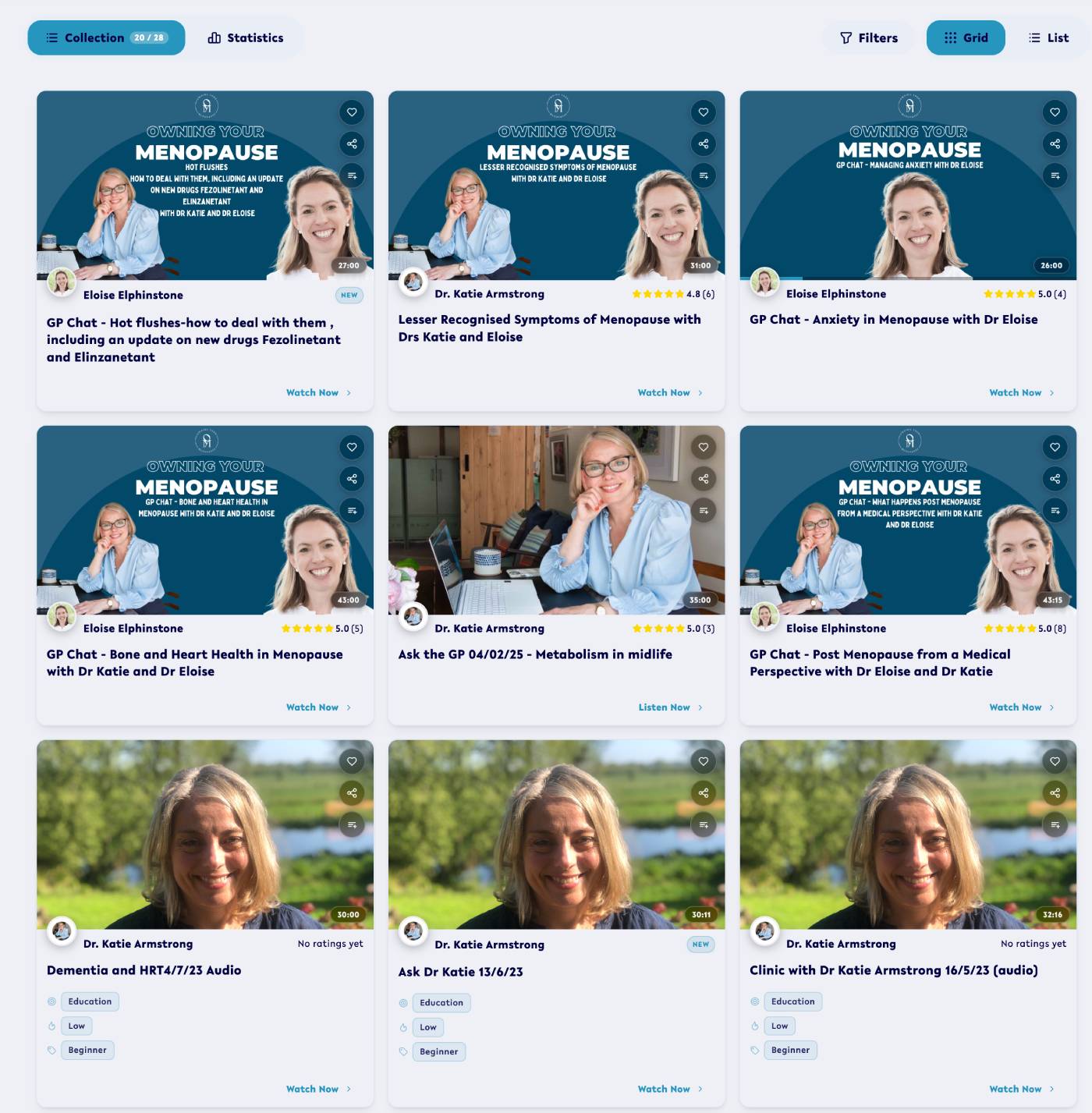 Owning Your Menopause Ask a GP collection showing menopause specialist video consultations