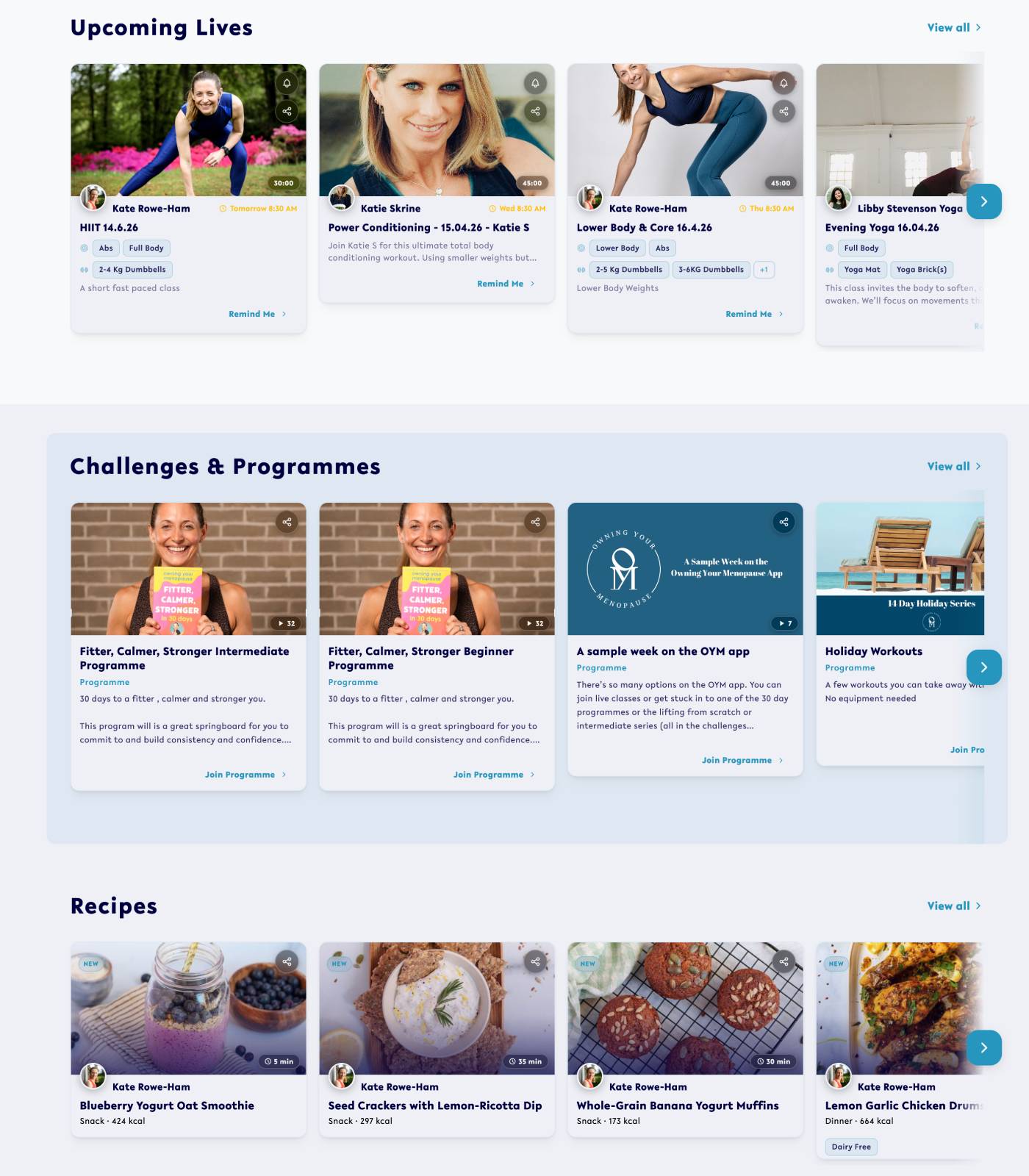 Owning Your Menopause platform screenshot showing workout library and menopause education content