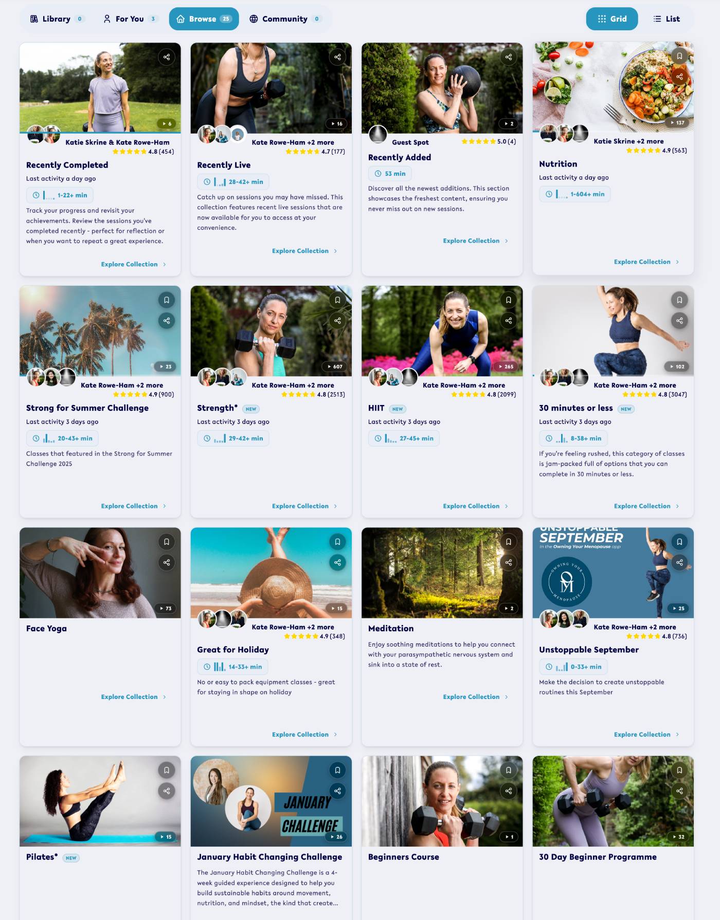 Owning Your Menopause workout library showing strength training and other exercise categories