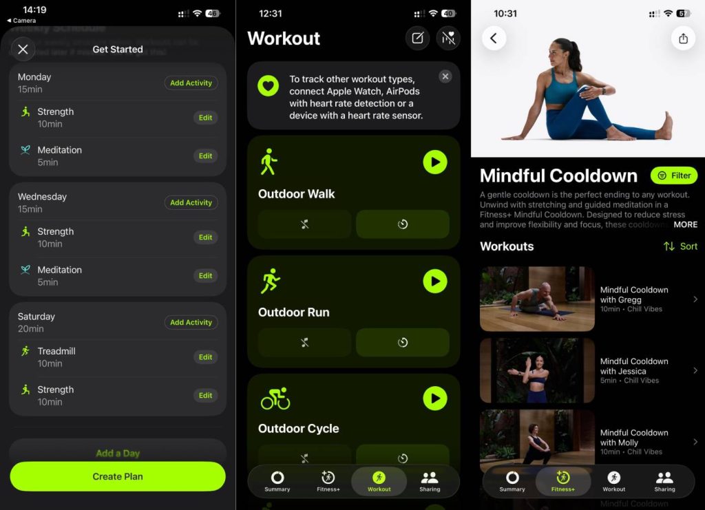 Inside Apple Fitness+ app - screenshot of creating fitness plan, tracking workouts and Mindful Cooldown series.