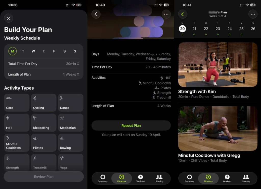 Apple Fitness+ custom plan builder showing a weekly workout schedule with strength, yoga and HIIT sessions stacked across five days