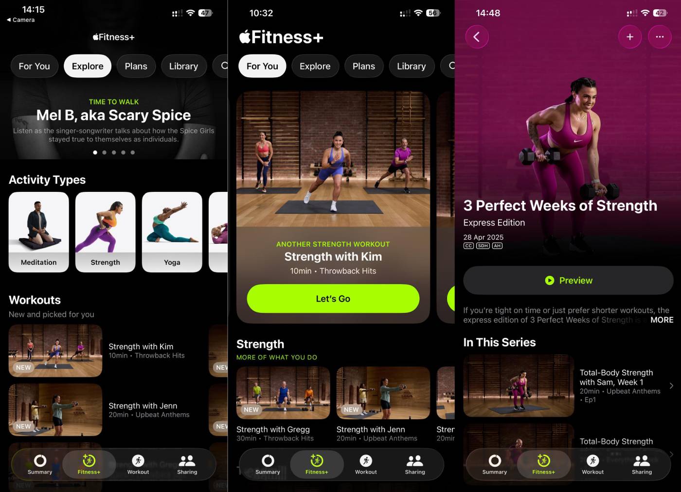 Apple Fitness+ vs BODi comparison: Apple Fitness+ three-trainer format with on-screen modifier in every session for women over 40