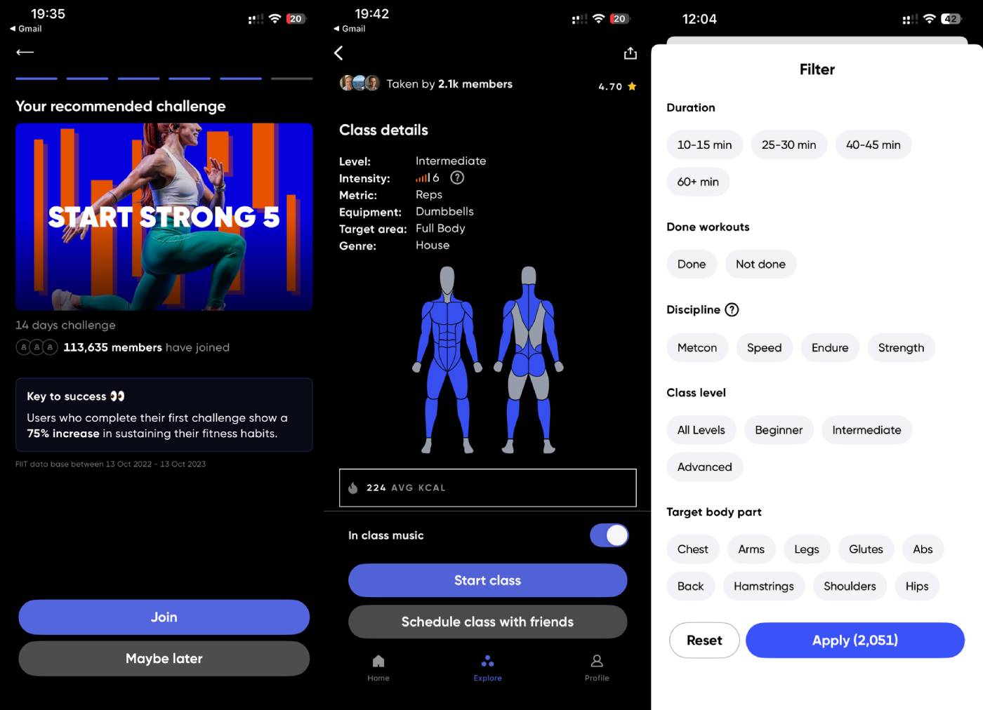 FIIT app home dashboard showing daily activity rings and recommended classes during a 14-day trial