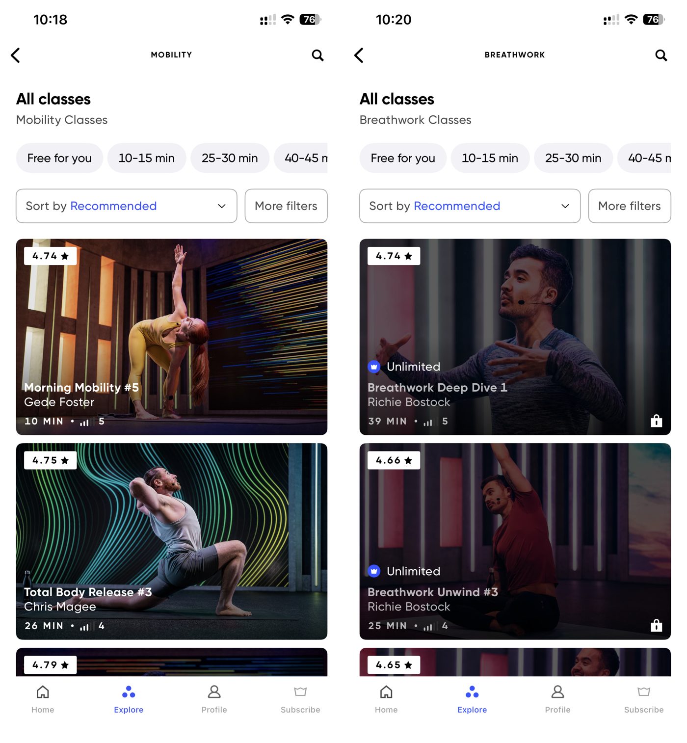 FiiT app class lists for mobility and breathwork.