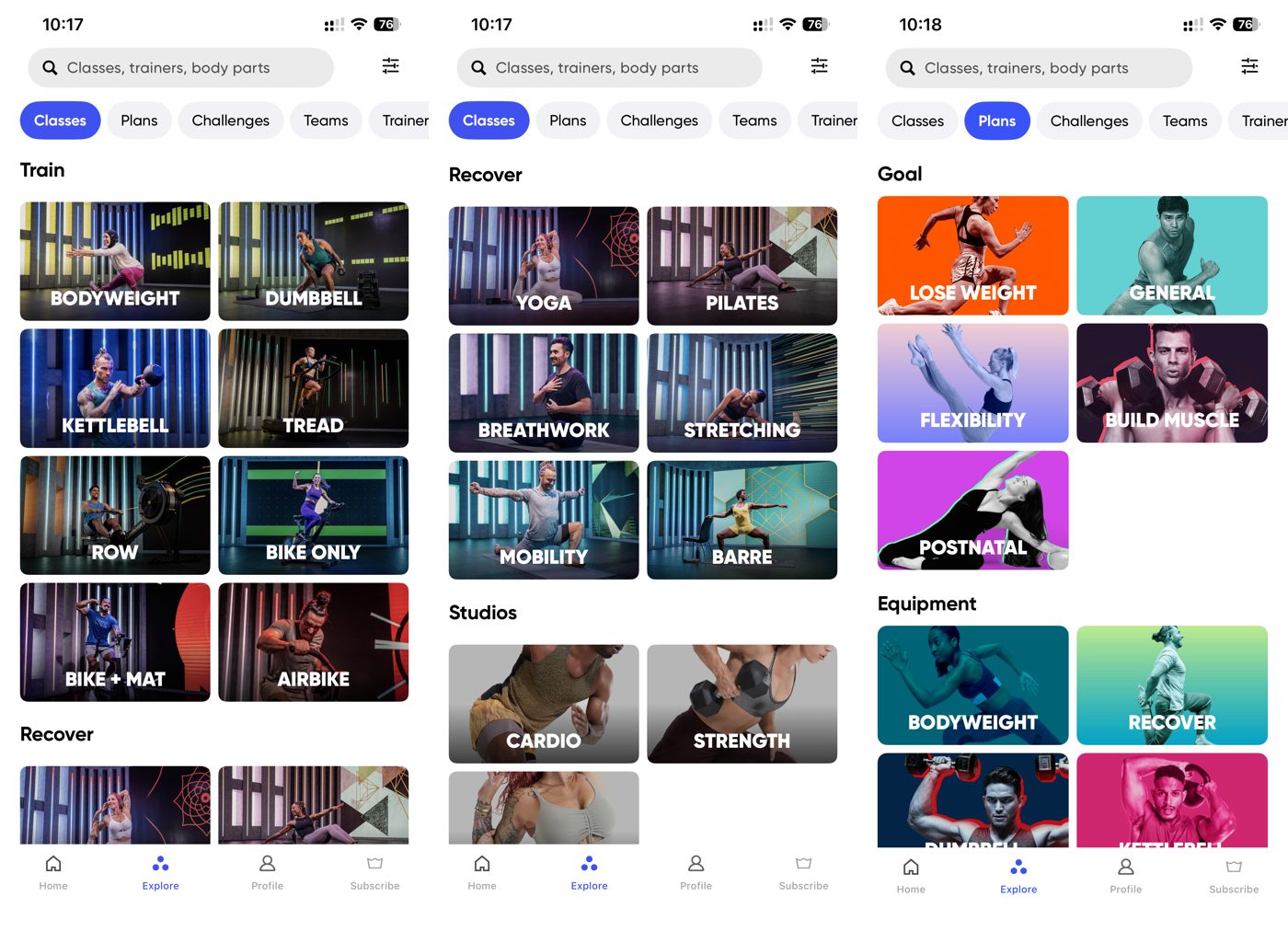 FiiT app explore screens: train classes, recovery and studios, and training plans.