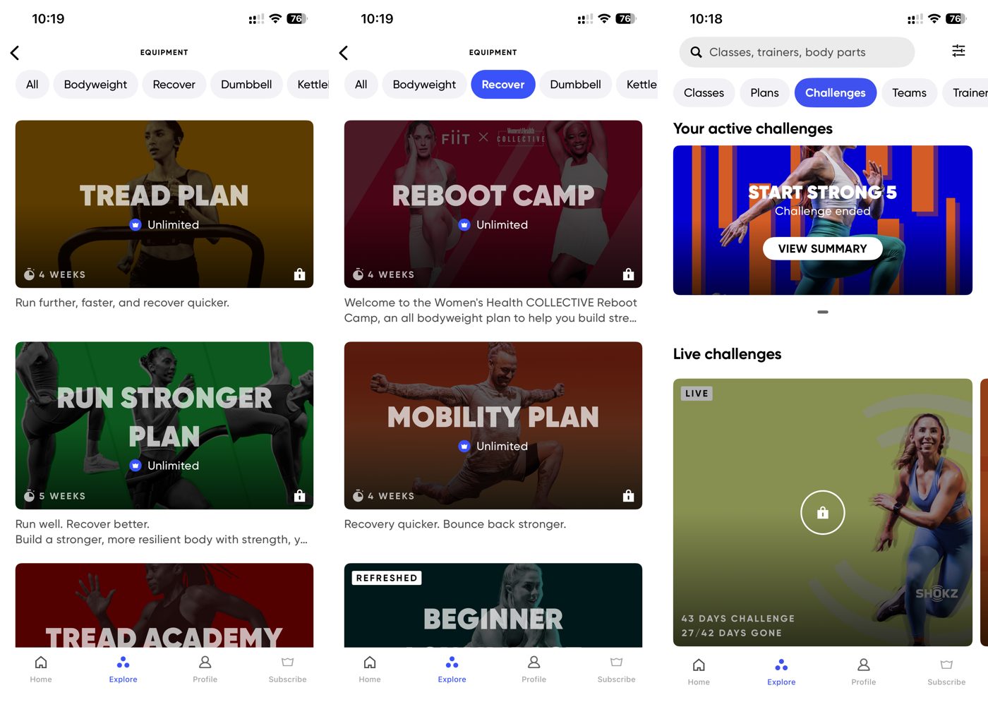 FiiT app plan pages for tread, reboot, and mobility, plus challenges.