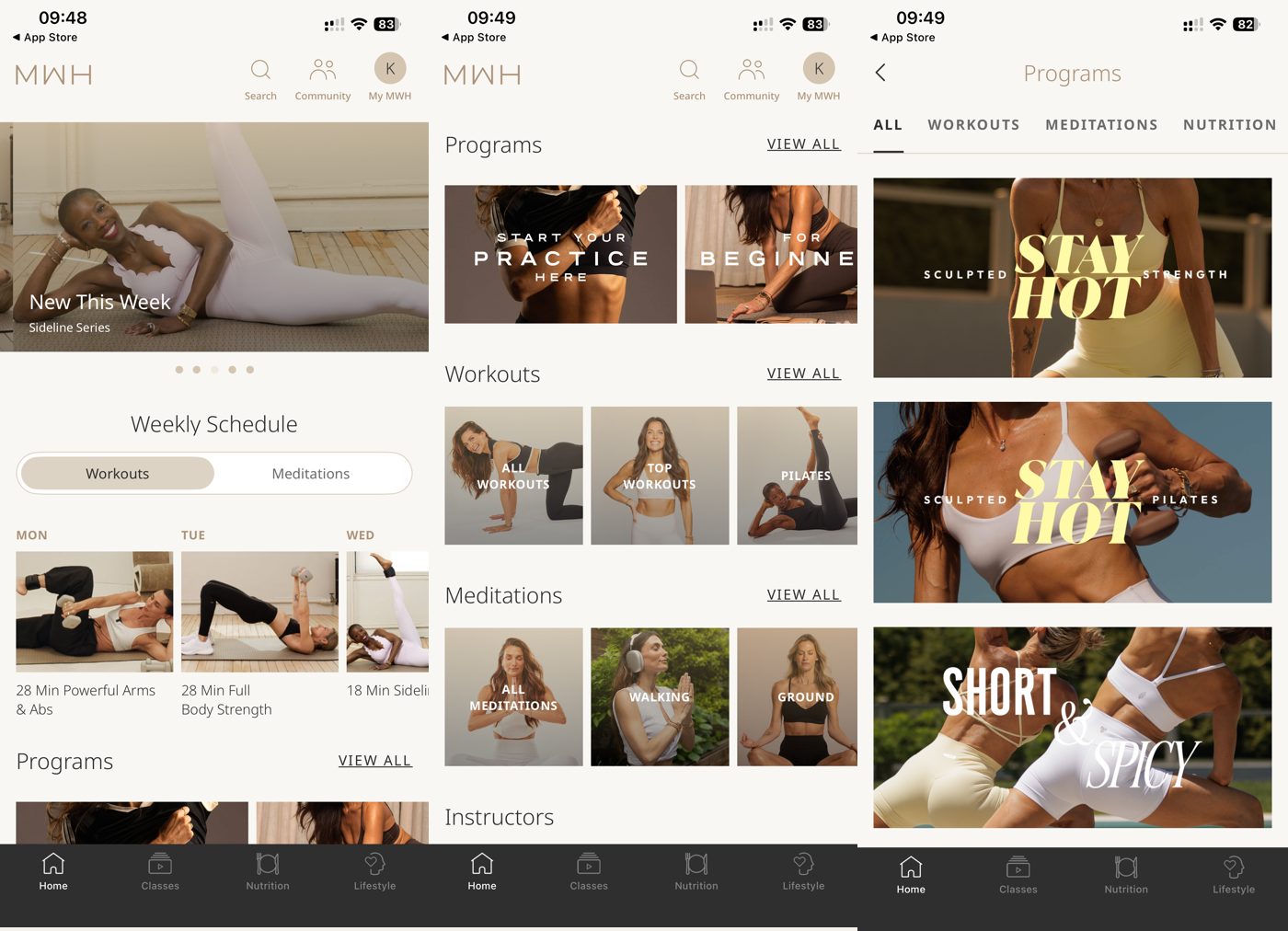MWH app home feed and programs page featuring strength and pilates programs.