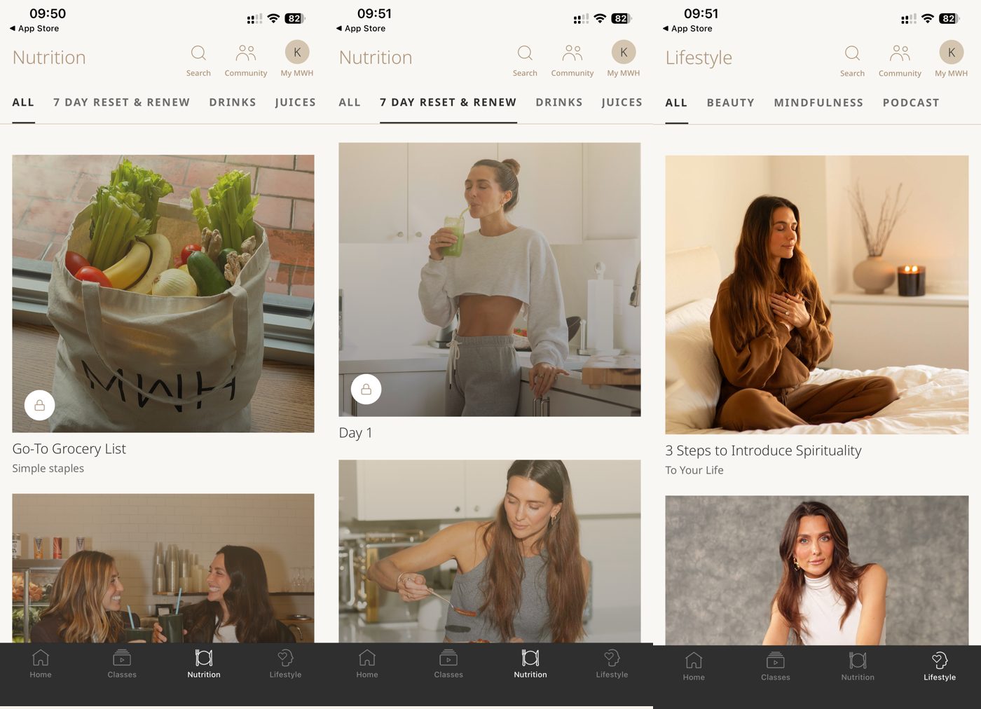 MWH app nutrition and lifestyle screens: recipes, a 7-day reset, and lifestyle articles.
