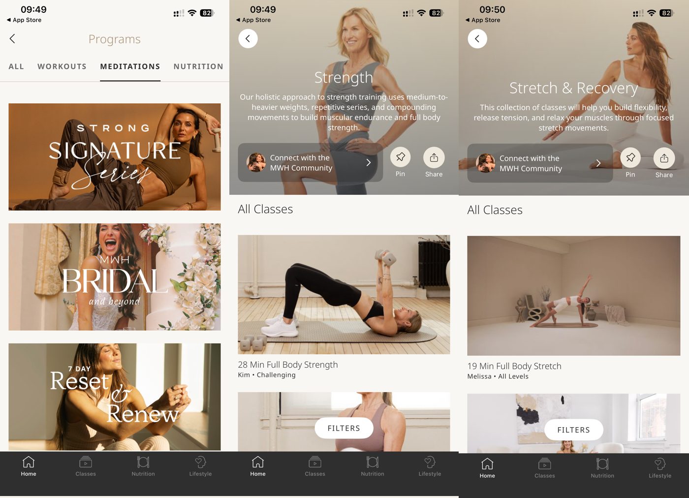 MWH app meditation programs and strength and stretch-and-recovery class collections.