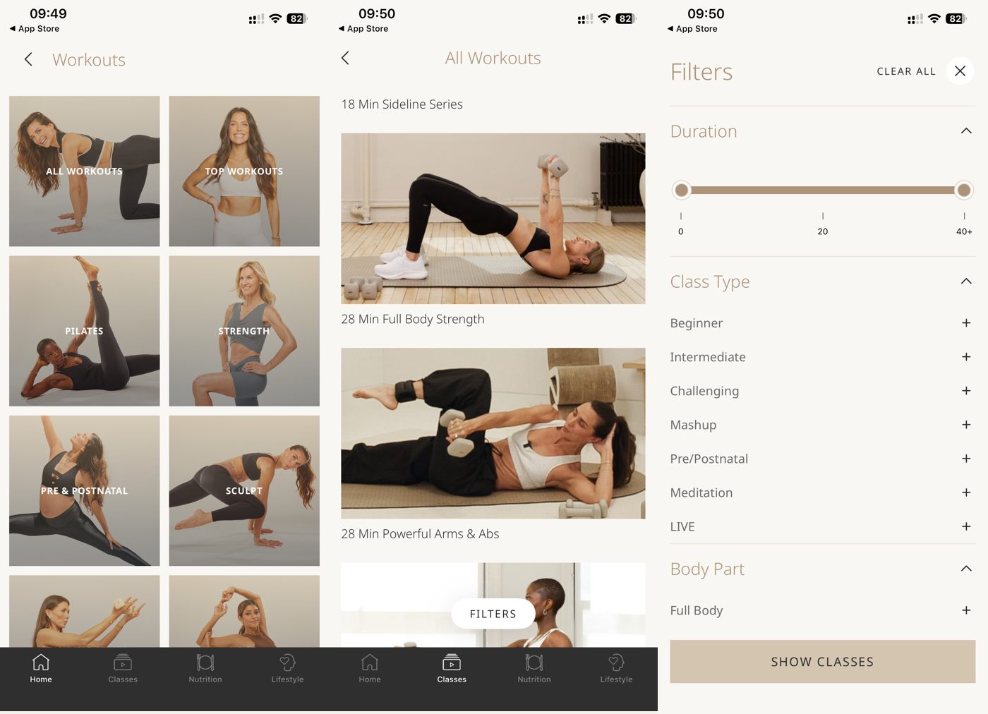 MWH app workout categories, an all-workouts list, and a filter panel.