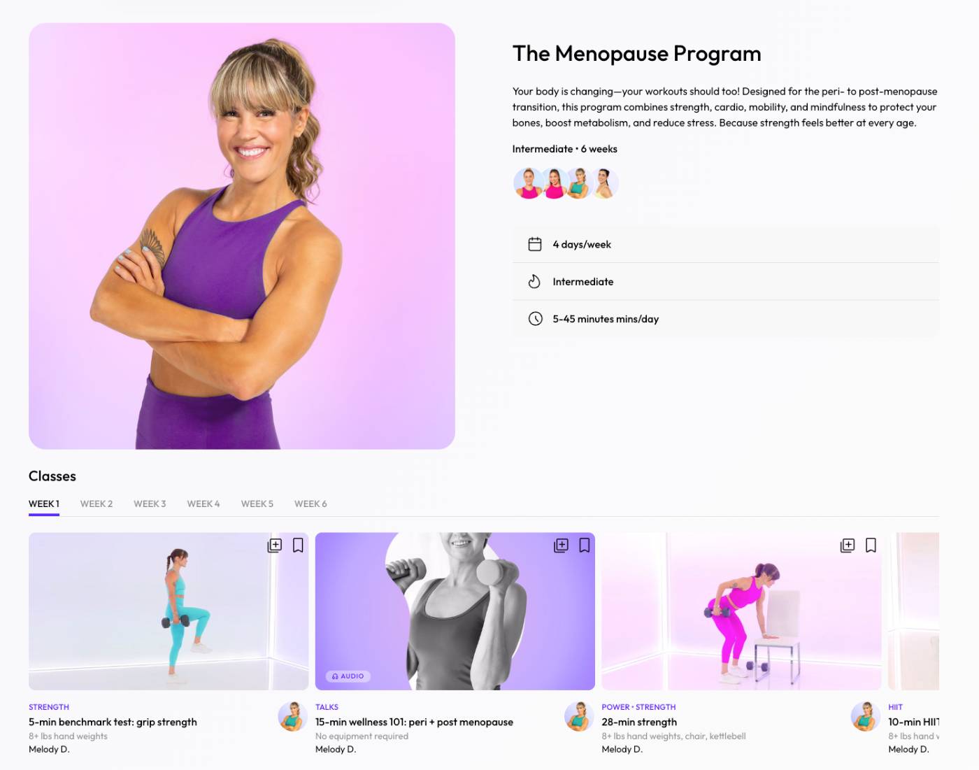 Obé Fitness Menopause Program — six-week structured programme led by Melody D. for women in perimenopause