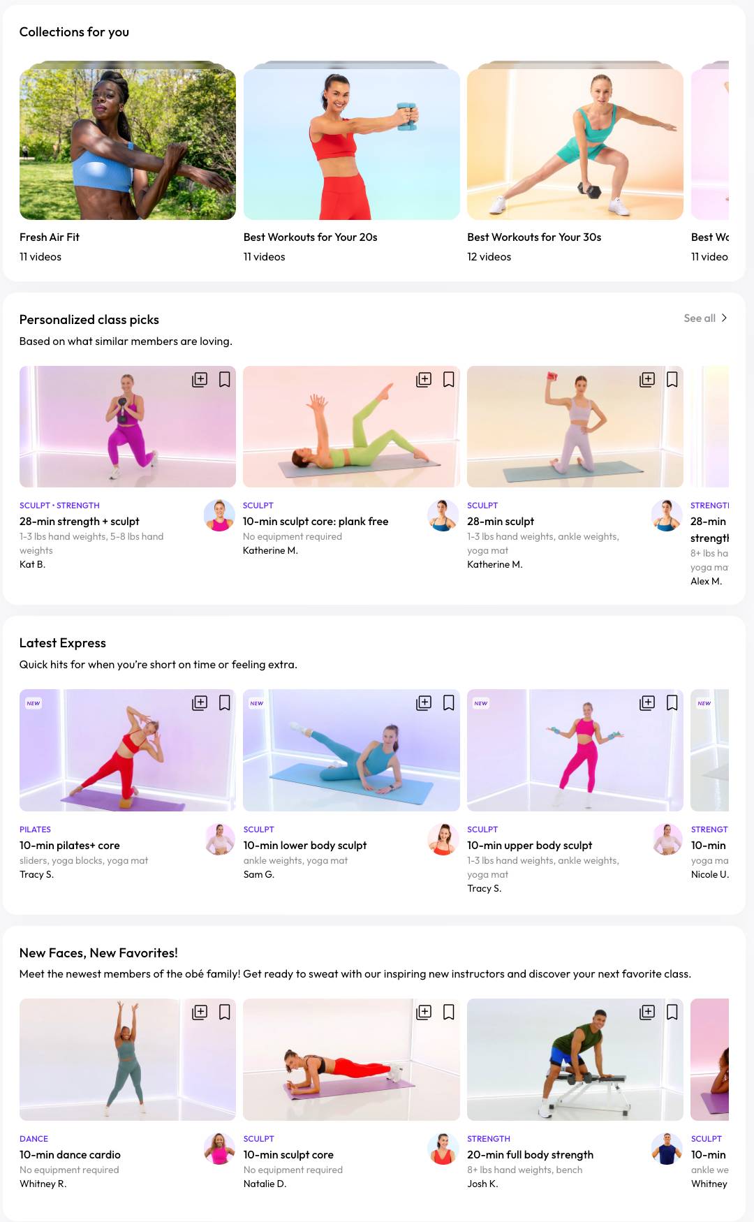 Obé Fitness personal dashboard — filter and discover classes by type, length, instructor, impact level and fitness goal