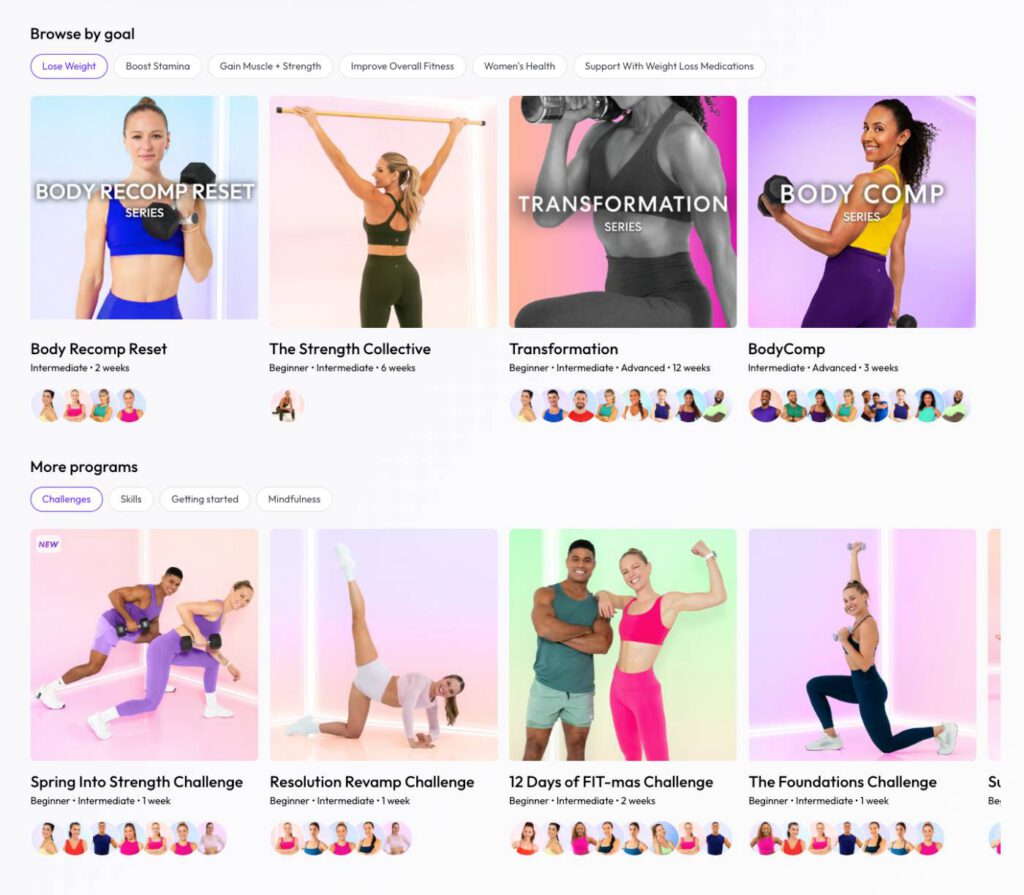 Obé Fitness programmes including Menopause Program, Age Well Collection, Gym Strong and BodyComp