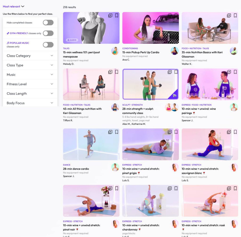 Obé Fitness workout library, 16,000+ on-demand streaming classes across strength, Pilates, barre, dance cardio and yoga, Workouts for Menopause (2026), 30 Minute Workouts for Women Over 40 (2026)
