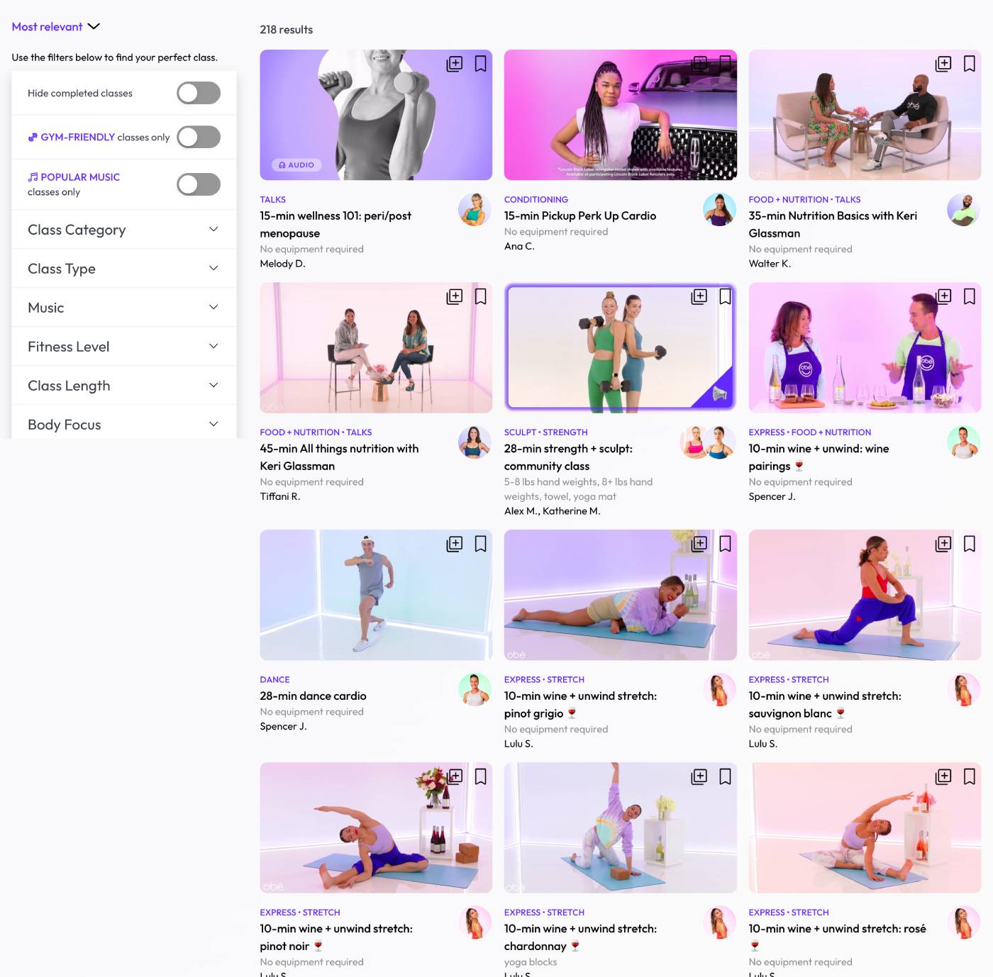 Obé Fitness workout library — 16,000+ on-demand streaming classes across strength, Pilates, barre, dance cardio and yoga