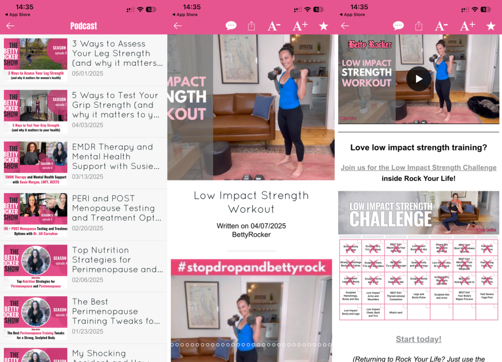 Betty Rocker screens: The Betty Rocker Show podcast with perimenopause episodes, a low-impact strength workout, and a Low Impact Strength Challenge calendar.
