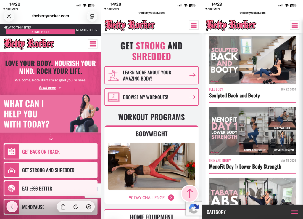 Betty Rocker site screens: a welcome menu with a menopause option, the Get Strong and Shredded programs, and a workout library including MenoFit., Exercise for Menopause Belly: What Actually Works (2026)