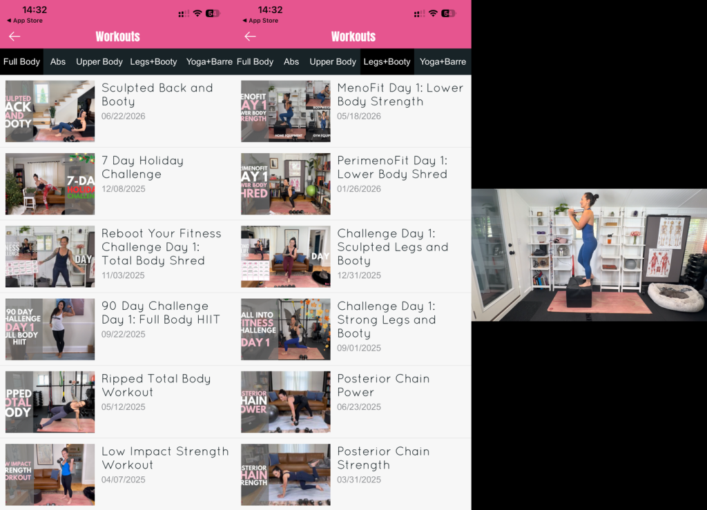 Betty Rocker workout library filtered by Full Body, Abs, Upper Body, Legs and Booty, and Yoga and Barre, listing MenoFit, PerimenoFit and challenge workouts.