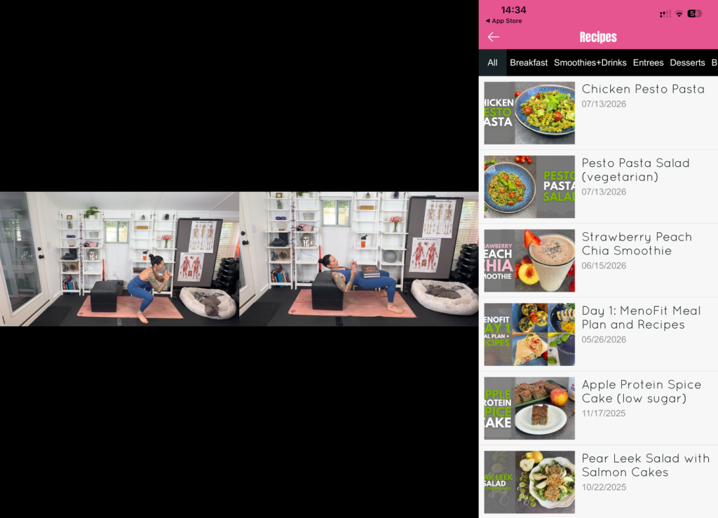 Betty Rocker workout demos in a home studio, and the Recipes library with categories and a MenoFit meal plan.