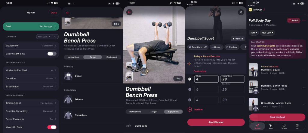 Fitbod app screens: the My Plan settings, a Dumbbell Bench Press exercise with muscle targets and video, and a Full Body Day with logged sets and weights.