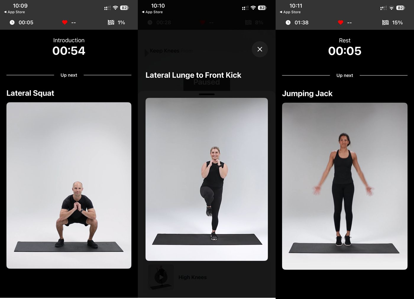 Aaptiv app bodyweight workout player showing a lateral squat, a lateral lunge to front kick, and a timed rest screen.