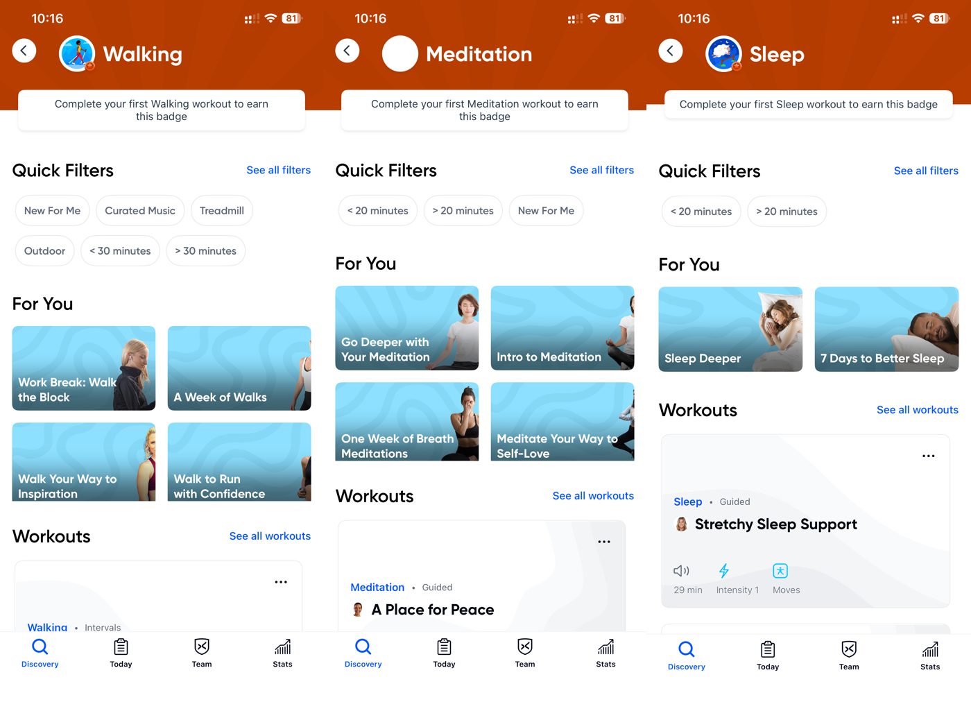 Aaptiv app category pages for walking, meditation, and sleep.