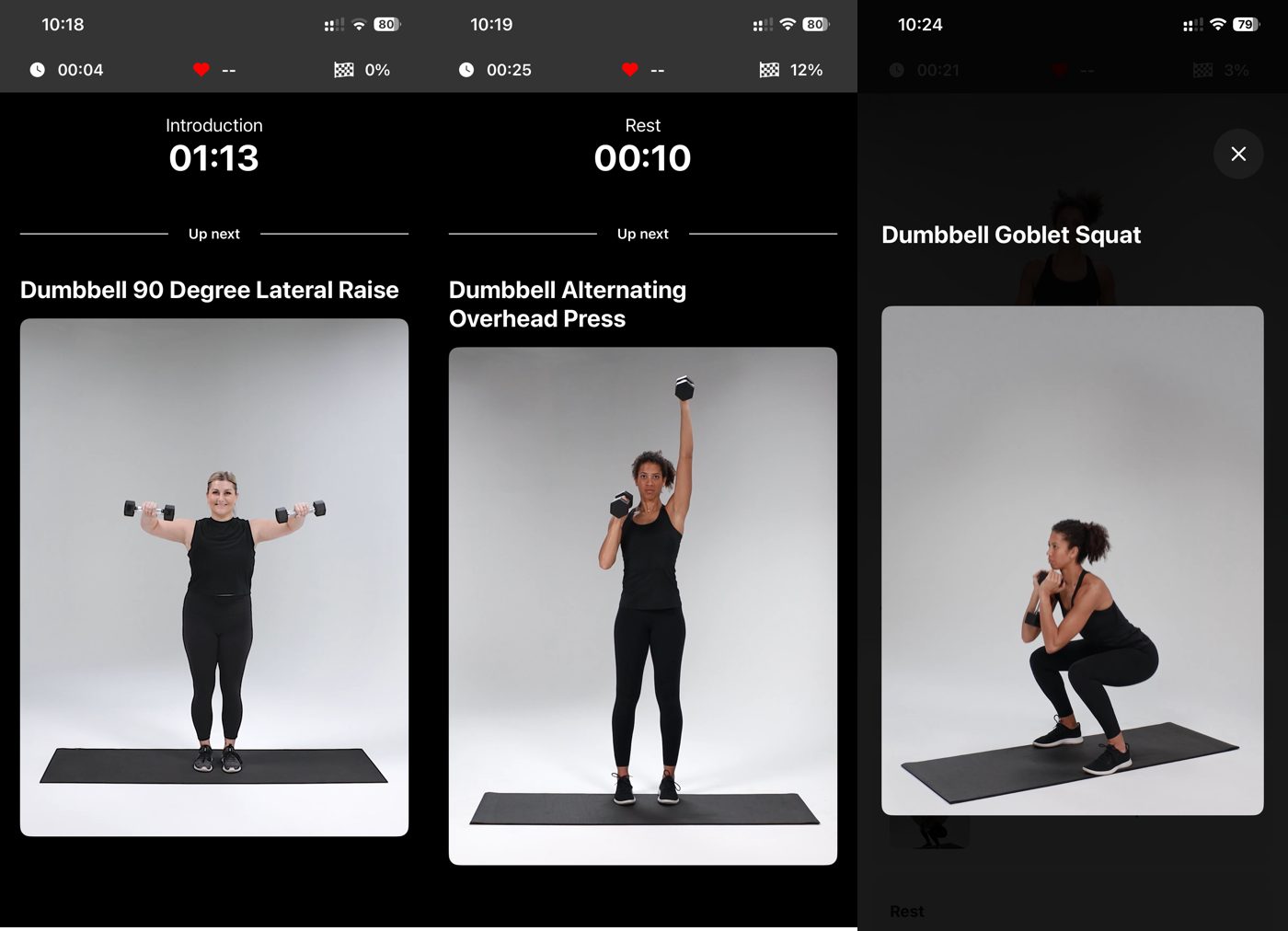 Aaptiv app dumbbell workout screens: 90-degree lateral raise, alternating overhead press, and goblet squat.