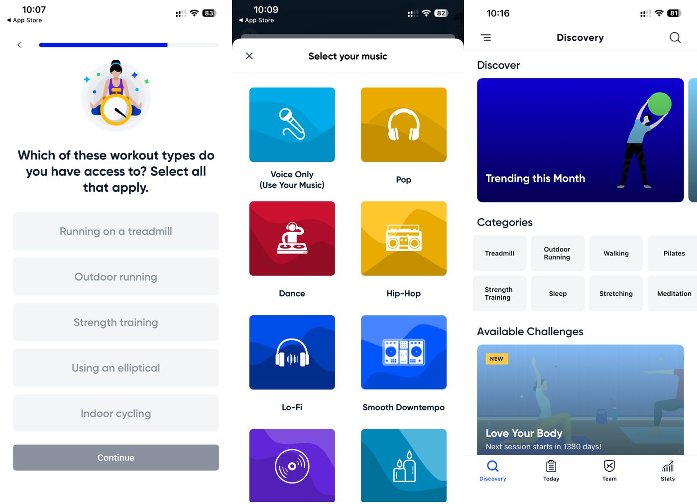Aaptiv app getting-started screens: onboarding quiz, music selection, and the discovery home page.