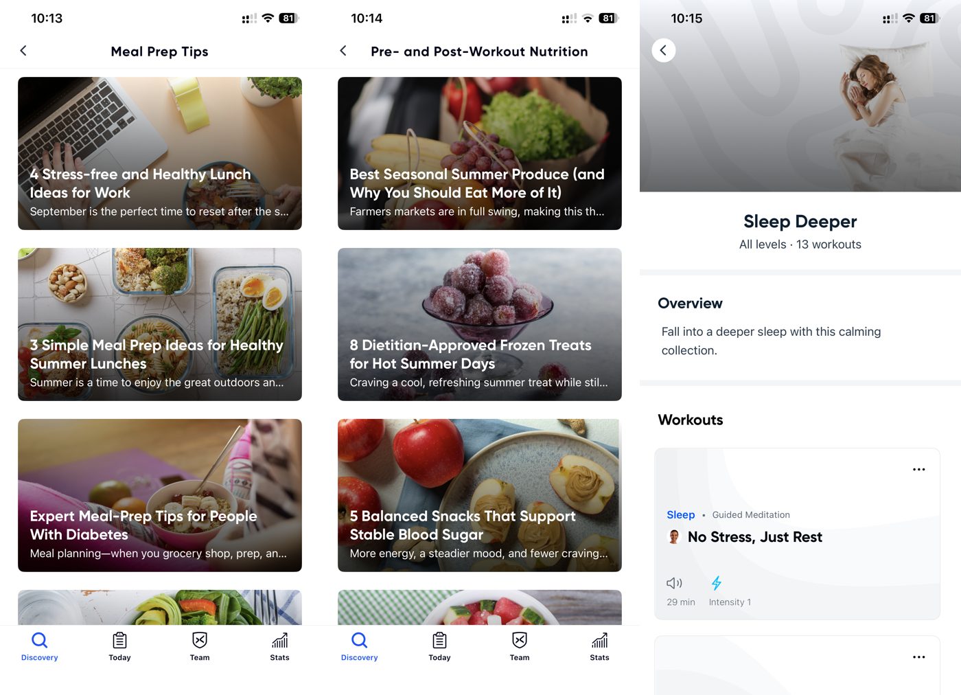 Aaptiv app nutrition and recovery content: meal-prep tips, pre and post-workout nutrition, and a sleep collection.
