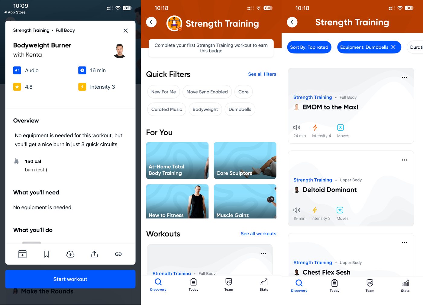 Aaptiv app strength training screens: a workout detail, personalized For You picks, and a filtered class list.