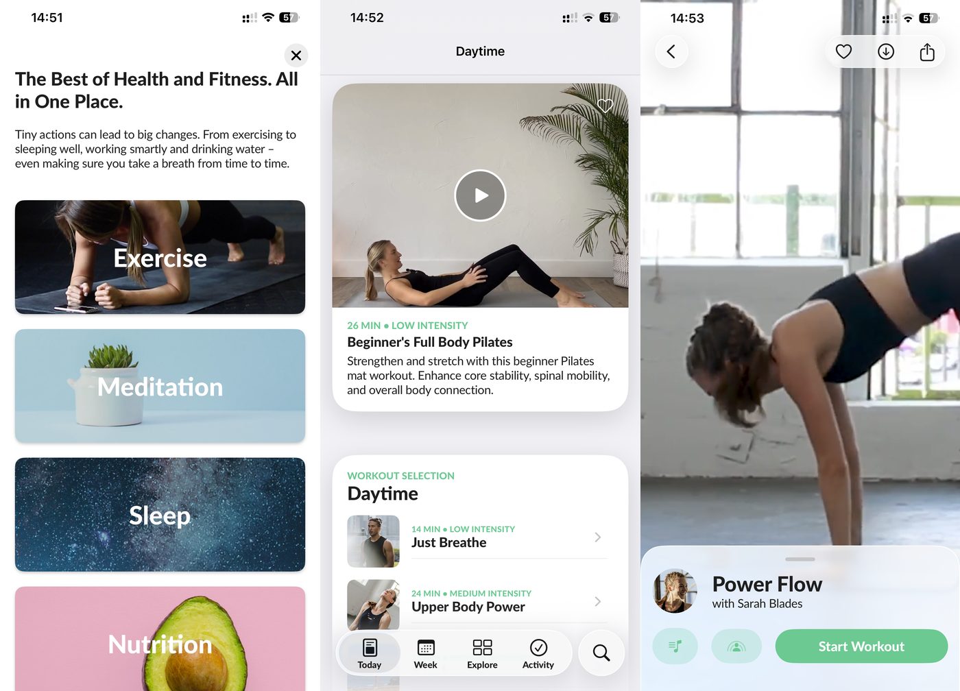 Asana Rebel all-in-one app showing Exercise, Meditation, Sleep and Nutrition pillars and yoga-inspired Pilates and Power Flow workouts