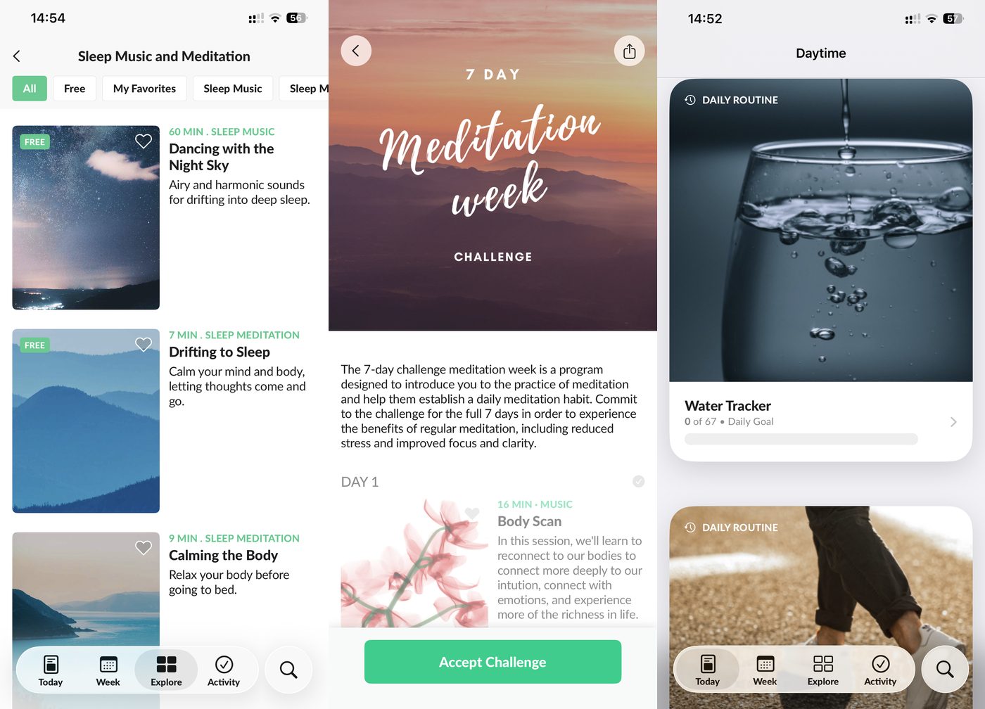 Asana Rebel meditation, sleep music and a meditation week challenge, plus a daily water tracker routine
