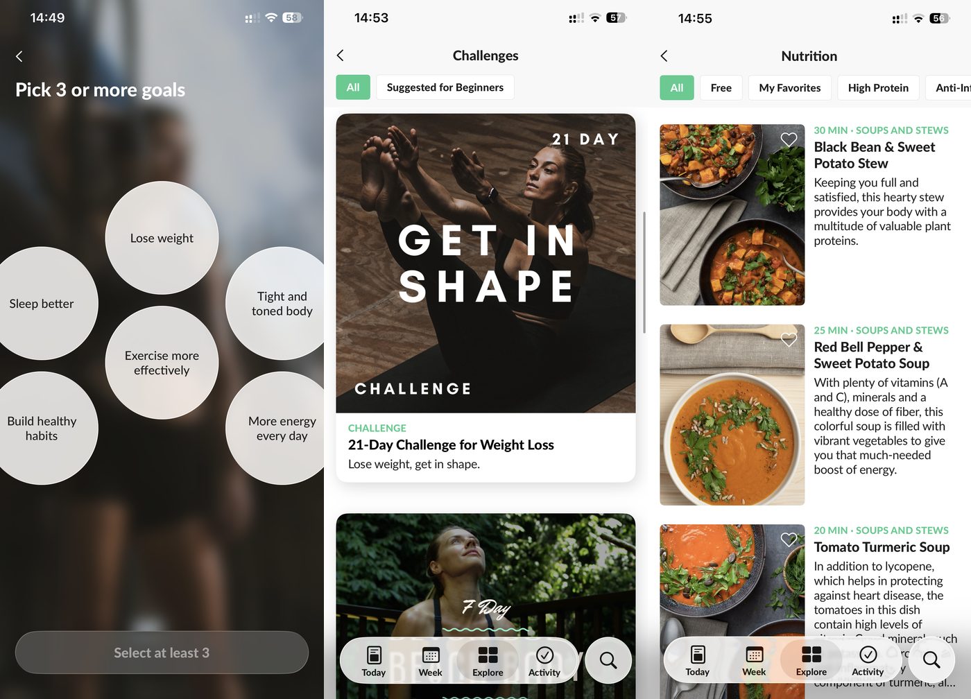 Asana Rebel goal picker with lose weight and tight and toned body, a 21-day weight loss challenge and the nutrition recipe library