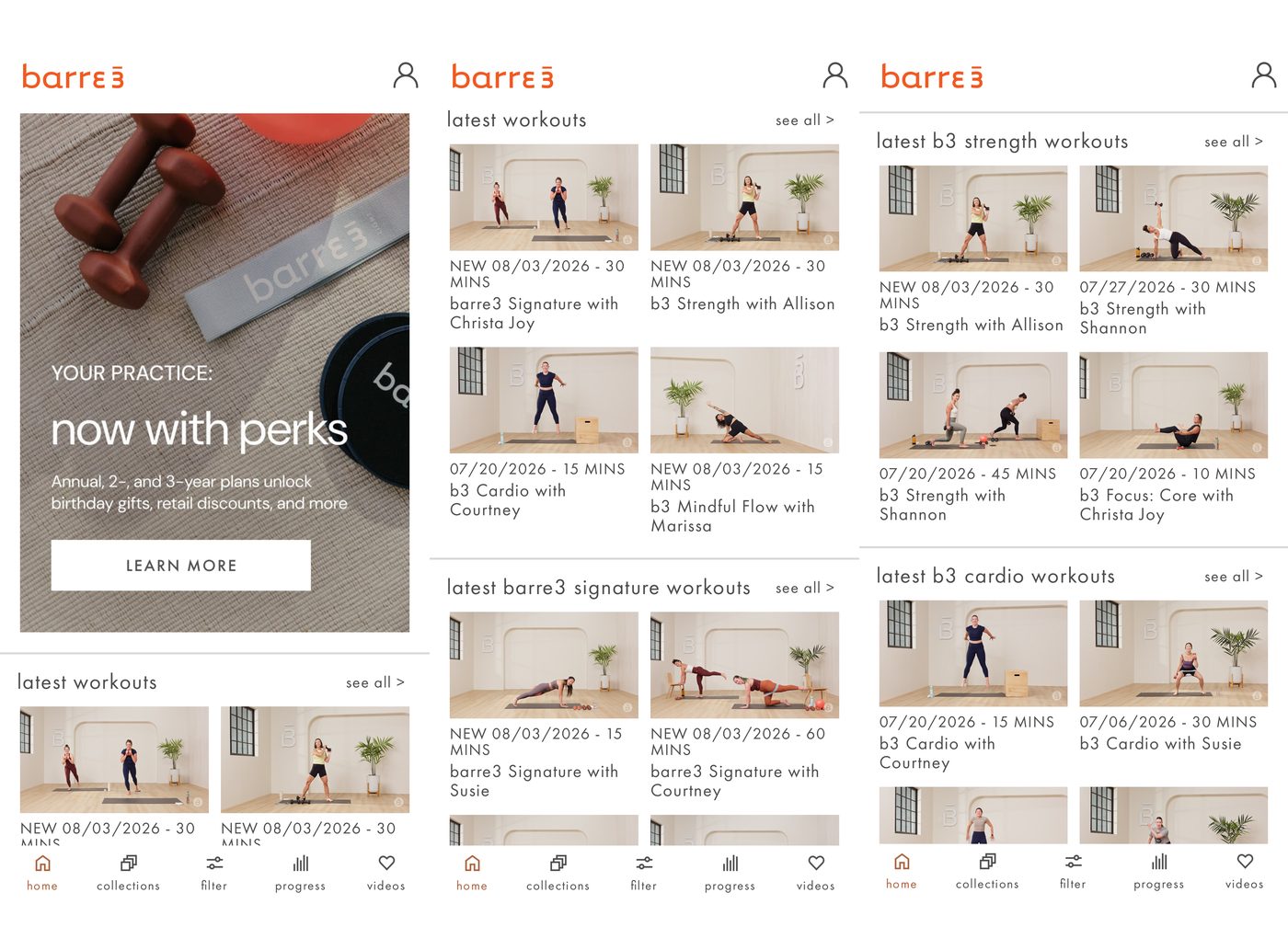 Barre3 online app home screens showing the latest barre3 Signature, b3 Strength, b3 Cardio and b3 Mindful Flow workouts and a members perks banner