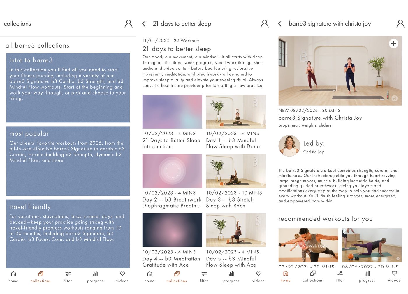 Barre3 app collections list, the 21 Days to Better Sleep program, and a barre3 Signature class with Christa Joy showing props of mat, weights and sliders