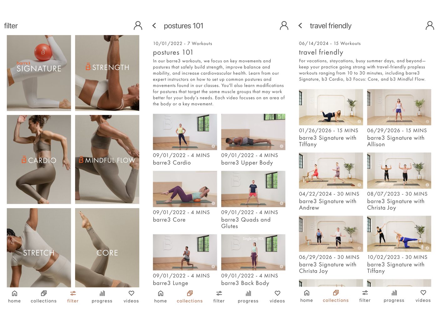 Barre3 app filter categories including Signature, Strength, Cardio, Mindful Flow, Stretch and Core, the Postures 101 form series, and the travel-friendly collection
