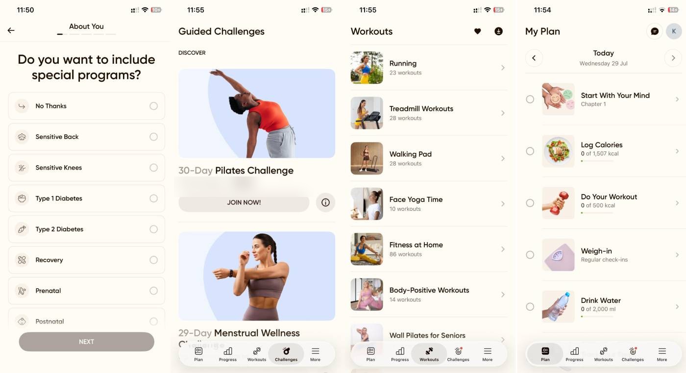 BetterMe onboarding special-programs list, workout library and daily plan