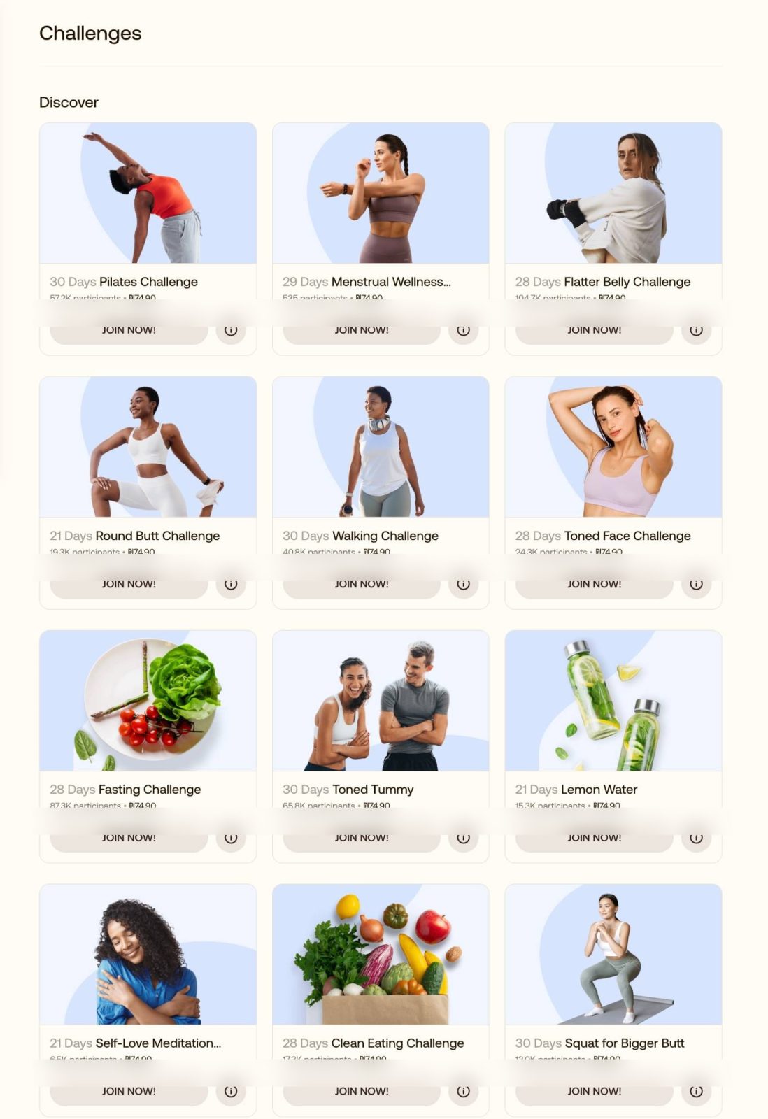 BetterMe Challenges tab showing weight-loss and aesthetic challenges