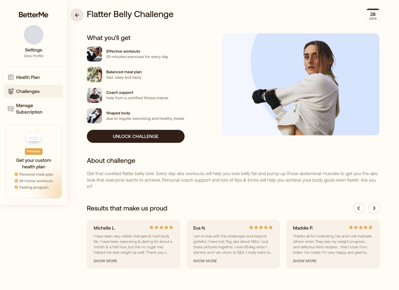 A paid BetterMe challenge page