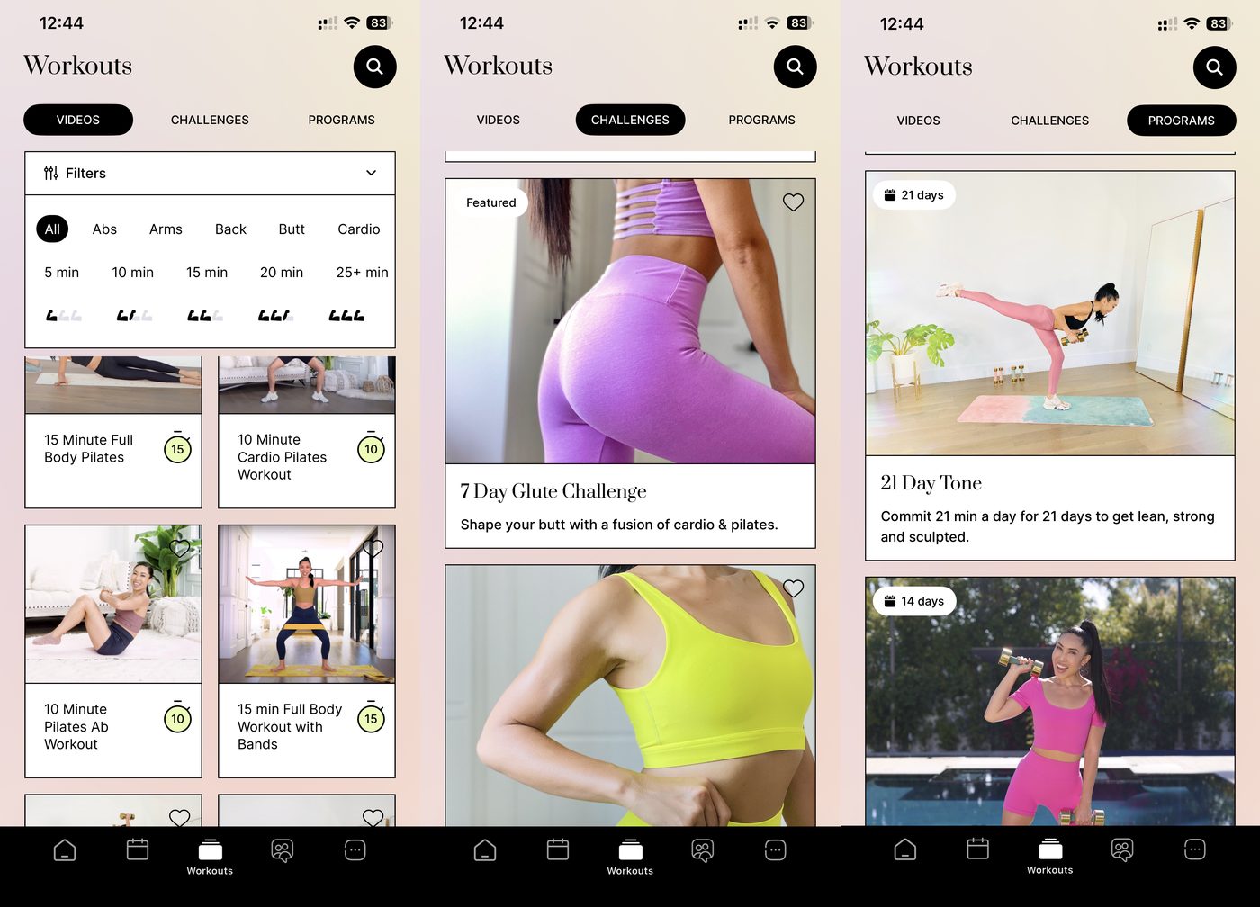 Body by Blogilates app library showing the filterable Pilates and cardio video feed, the challenges tab and programmes such as 21 Day Tone