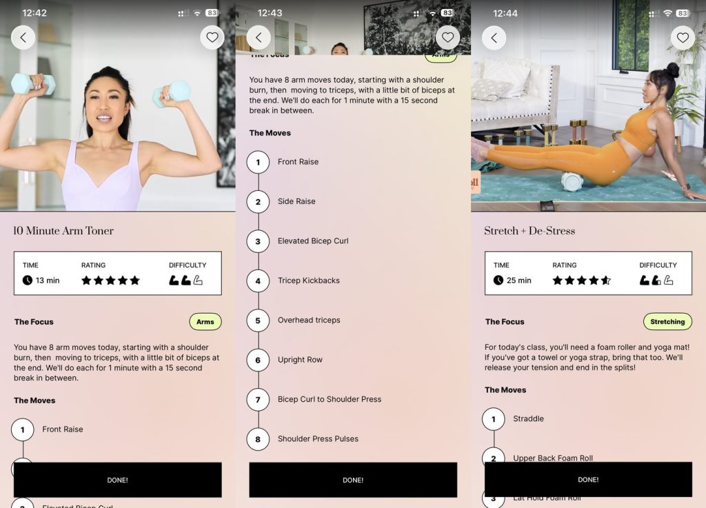 Blogilates workouts showing a move-by-move plan, star ratings and difficulty, from a 10 Minute Arm Toner to a foam-roller Stretch and De-Stress session, Pilates Programs for Women Over 40