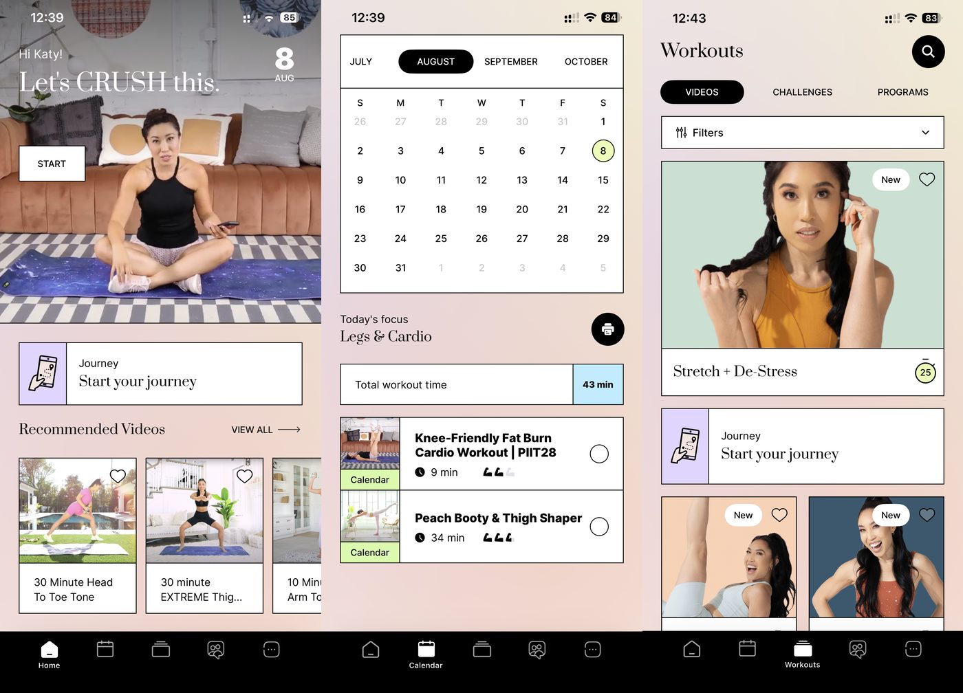 Body by Blogilates home screen, the calendar with a daily Legs and Cardio focus, and the on-demand video feed