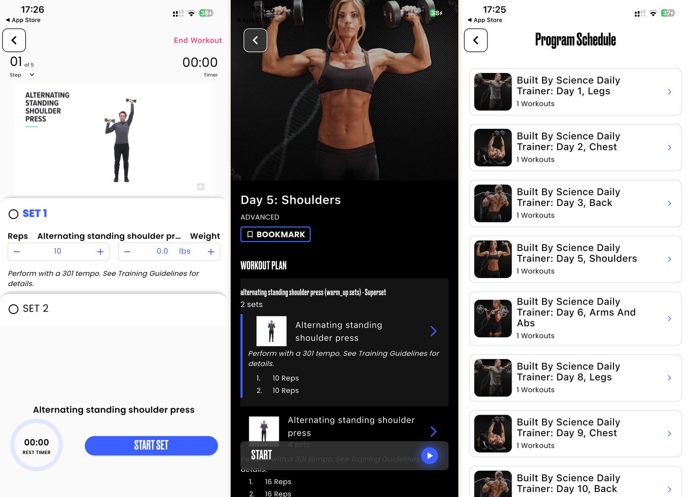 BodyFit app: a workout in progress with sets, reps, weight and a rest timer, a day’s workout plan, and a multi-day programme schedule