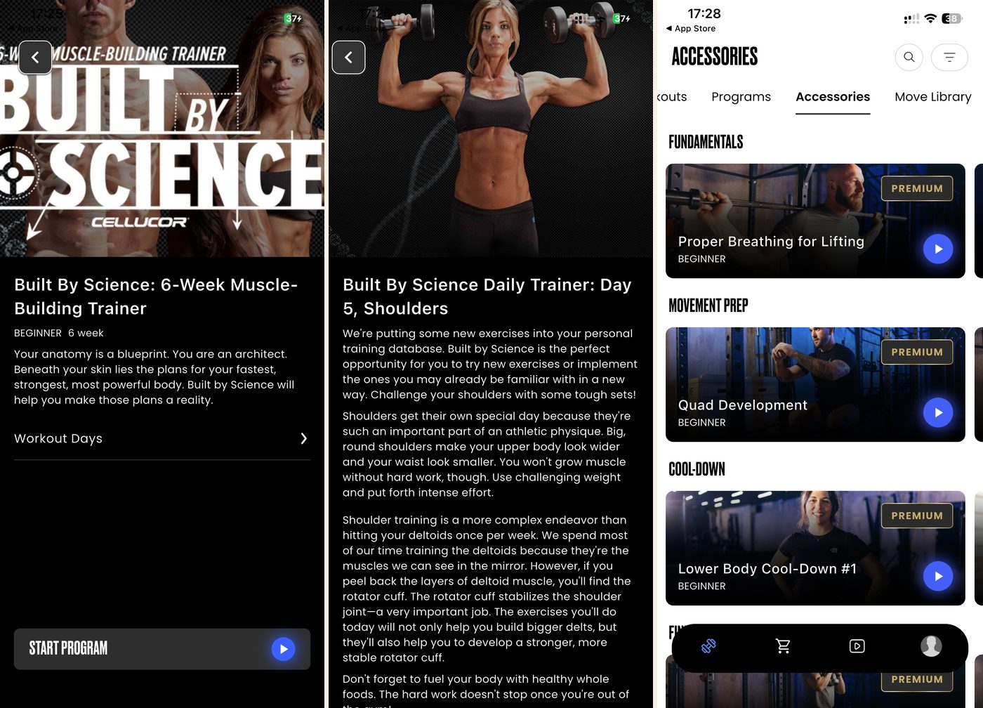 BodyFit app: a beginner Built by Science programme, a written training explainer for the day, and the warm-up and cool-down accessories