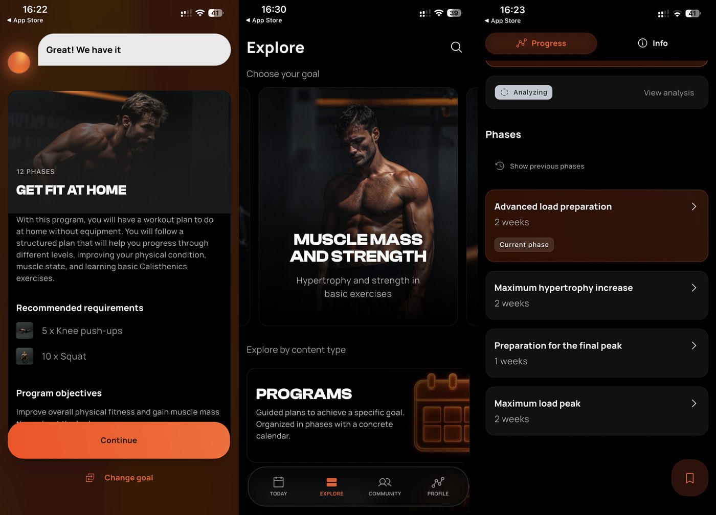 Calisteniapp onboarding showing the 12-phase Get Fit at Home programme, a Muscle Mass and Strength goal card with a muscular man, and the periodised phase list