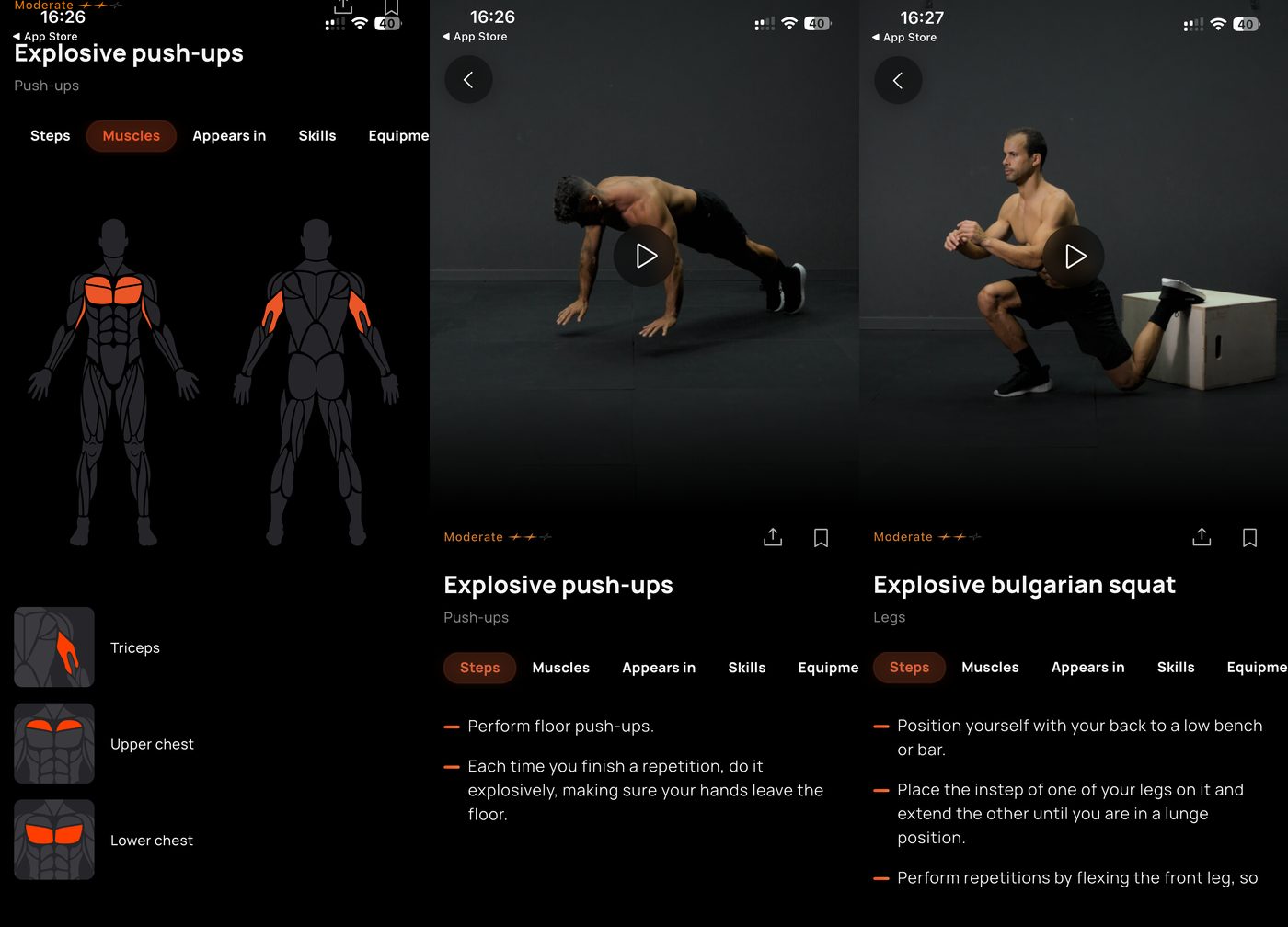 A Calisteniapp session opening with explosive push-ups, plus exercise demonstrations of explosive push-ups and an explosive Bulgarian squat